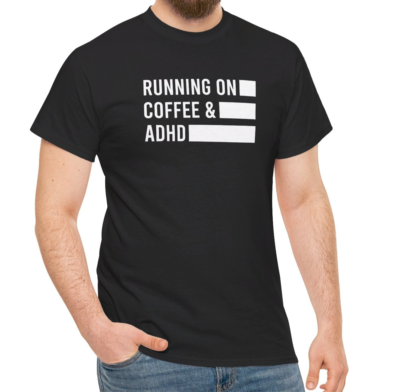 Model wearing a black T-shirt with "Running on Coffee & ADHD" in bold white text. Part of the Vivid Divergence Sensory Friendly Unisex Tees Range.
