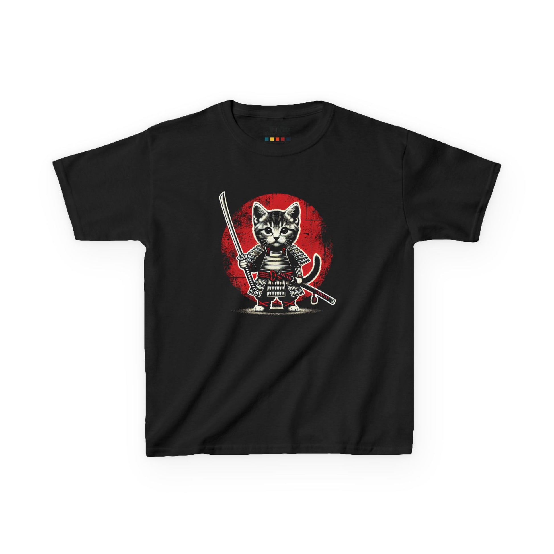 Front view of a black "Samurai Cat Warrior" kids T-shirt featuring a fierce cartoon cat dressed in samurai armor with a sword. Part of the Vivid Divergence Sensory Friendly Kids Shirts Range. The perfect T-shirt for sensory-sensitive kids and comes with a Sensory Satisfaction Promise.