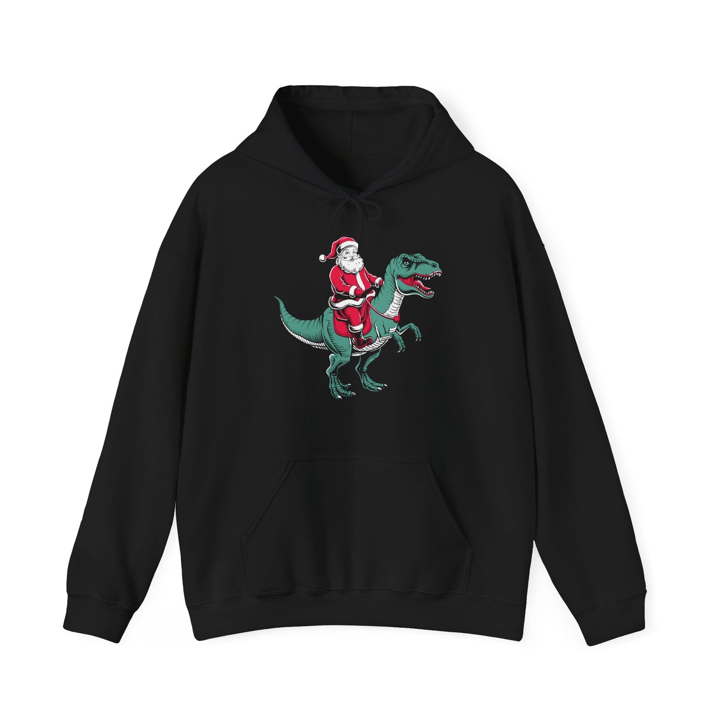 Front view of a black hoodie featuring Santa riding a dinosaur in a festive Christmas design. Part of the Vivid Divergence Sensory Friendly Unisex Hoodie Range.