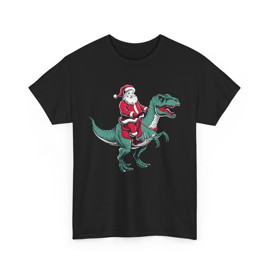 Front view of a black T-shirt featuring Santa riding a dinosaur in a festive Christmas design. Part of the Vivid Divergence Sensory Friendly Unisex Tees Range.