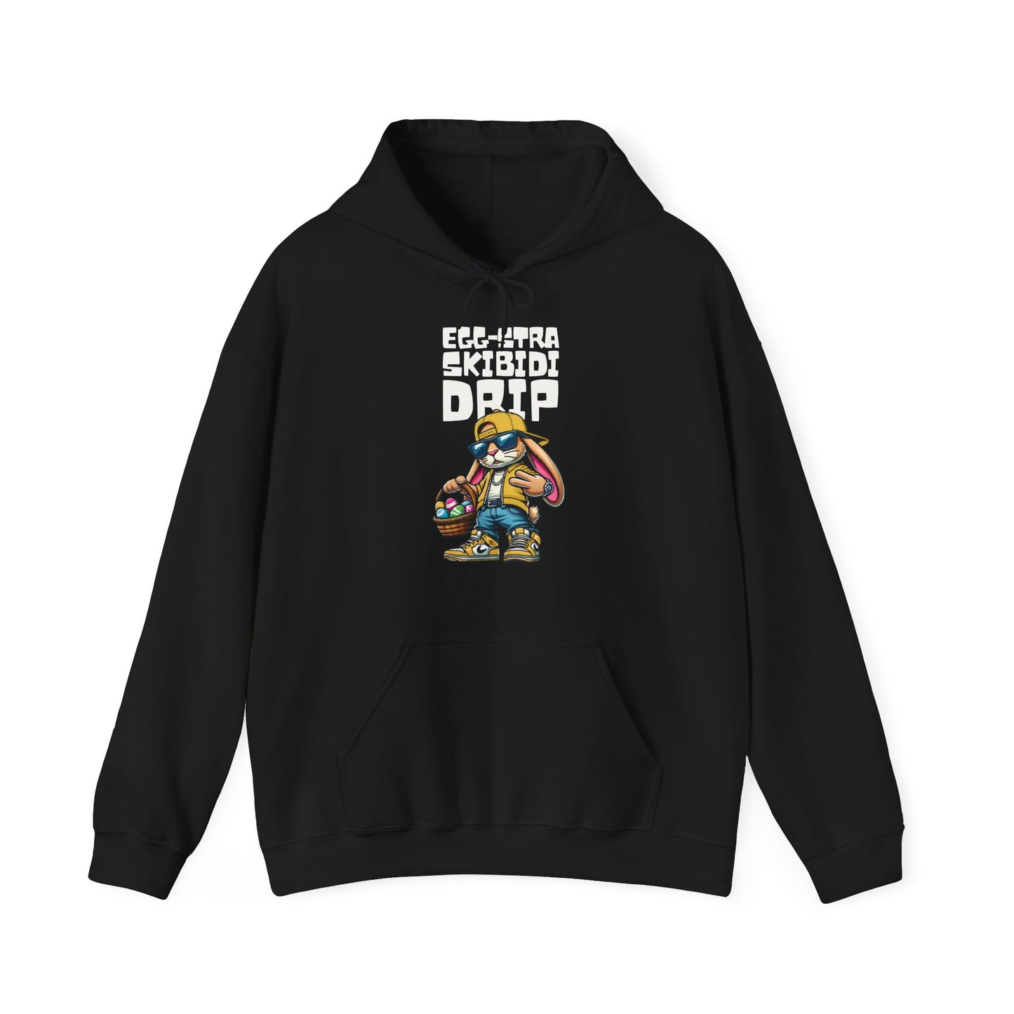Front view of black hoodie featuring Skibidi Drip meme with Easter eggs. Part of the Vivid Divergence Sensory Friendly Unisex Hoodies Range.
