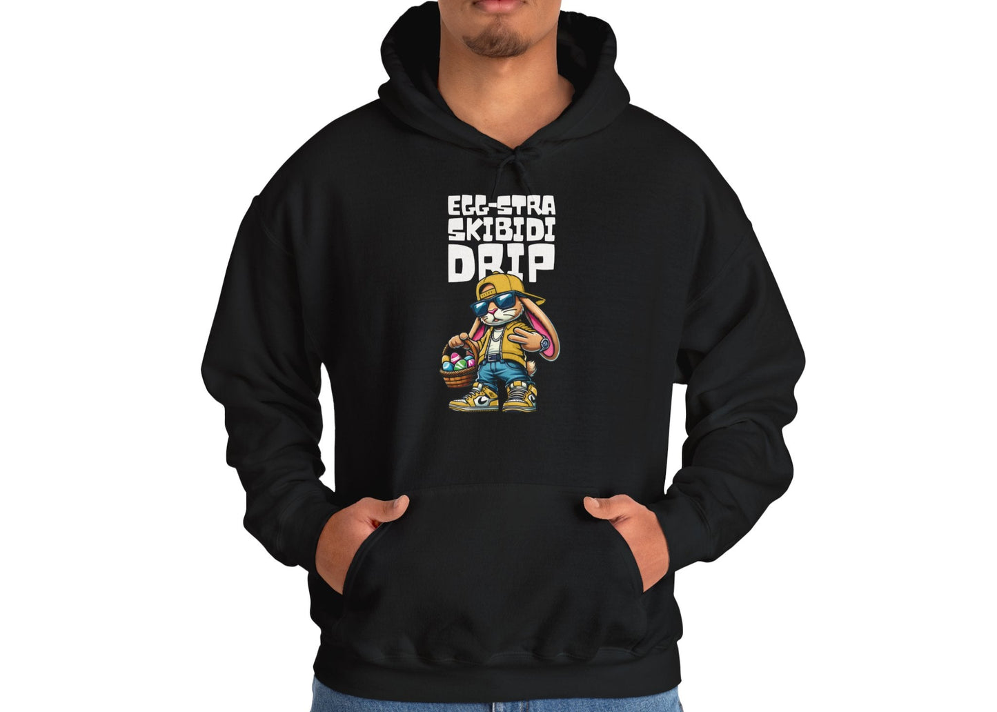 Man in black hoodie featuring Skibidi Drip bunny and Easter eggs graphic. Part of the Vivid Divergence Sensory Friendly Unisex Hoodies Range.
