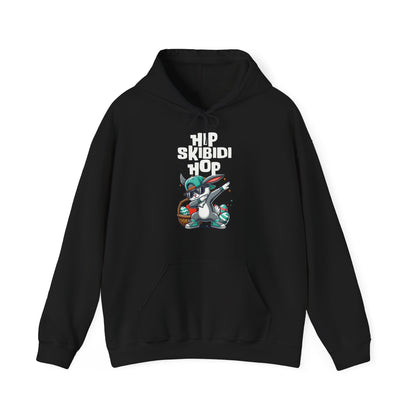 Front view of black hoodie featuring dab bunny with Skibidi Easter graphic. Part of the Vivid Divergence Sensory Friendly Unisex Hoodies Range.
