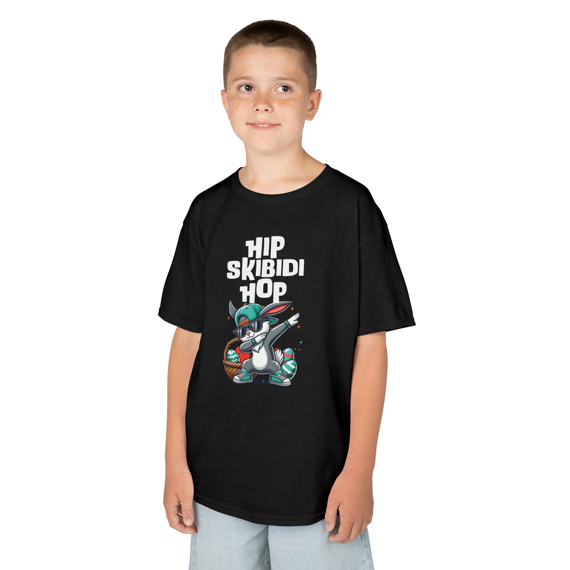 Child wearing a black Easter T-shirt featuring a dabbing Skibidi bunny with "Hip Skibidi Hop" text, a cool holiday look for kids. Hop into the season in style and shop Easter shirts online today!