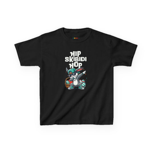 Black kids' T-shirt featuring a funny Skibidi Easter bunny doing a hip-hop dab with "Hip Skibidi Hop" text, perfect for a playful holiday look. Hop into the season in style and shop Easter shirts online today!
