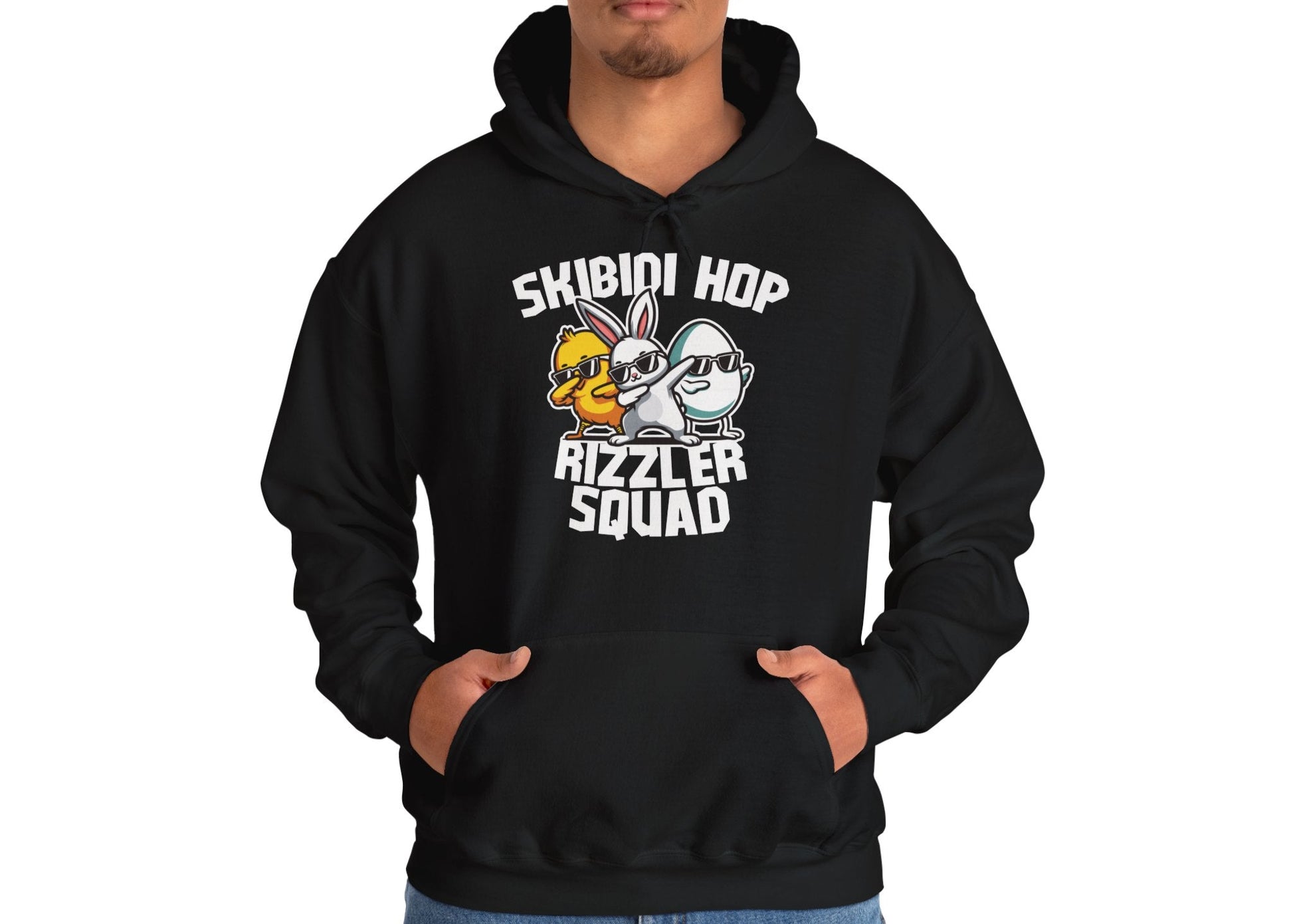 Man in black hoodie with Skibidi Hop Rizzler Squad meme Easter design. Part of the Vivid Divergence Sensory Friendly Unisex Hoodies Range.
