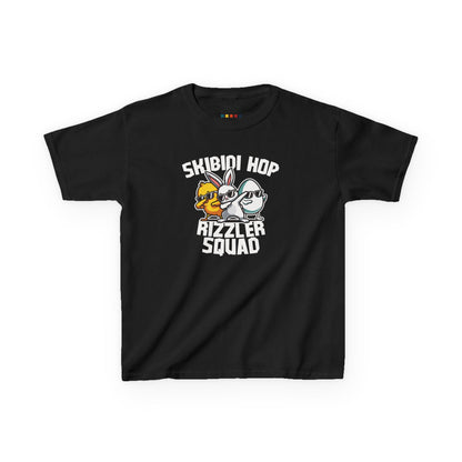 Black kids' T-shirt showcasing a hilarious "Skibidi Hop Rizzler Squad" meme design, a cool and playful Easter outfit. Hop into the season in style and shop Easter shirts online today!