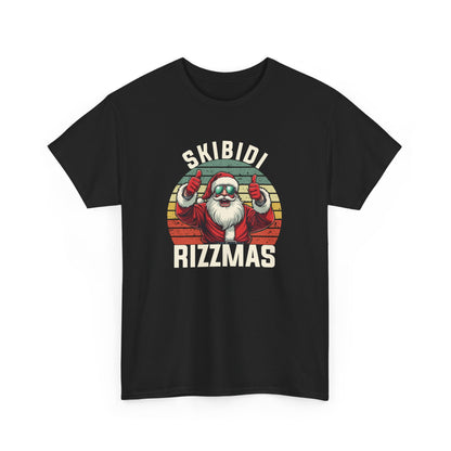 Front view of a black T-shirt featuring a Skibidi Rizzmas retro Christmas design. Part of the Vivid Divergence Sensory Friendly Unisex Tees Range.