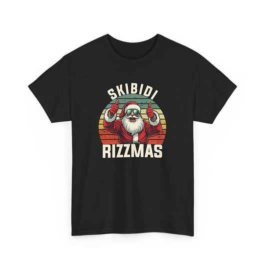 Front view of a black T-shirt featuring a Skibidi Rizzmas retro Christmas design. Part of the Vivid Divergence Sensory Friendly Unisex Tees Range.