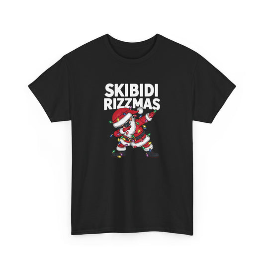 Black T-shirt featuring a dabbing Santa with "Skibidi Rizzmas" text. Part of the Vivid Divergence Sensory Friendly Unisex Tees Range.