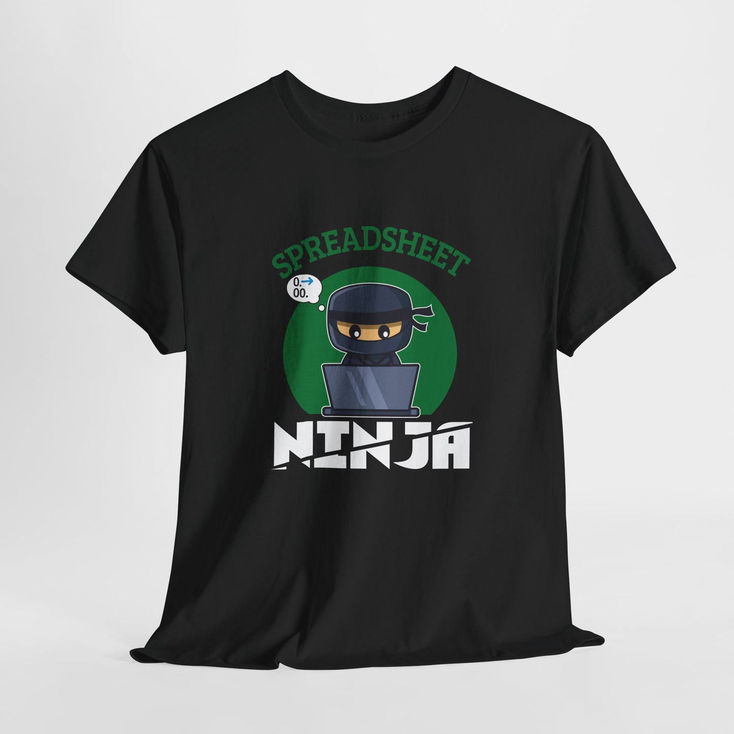 Hanging black T-shirt featuring a "Spreadsheet Ninja" design with a ninja character and spreadsheet icon. Part of the Vivid Divergence Sensory Friendly Unisex Tees Range.