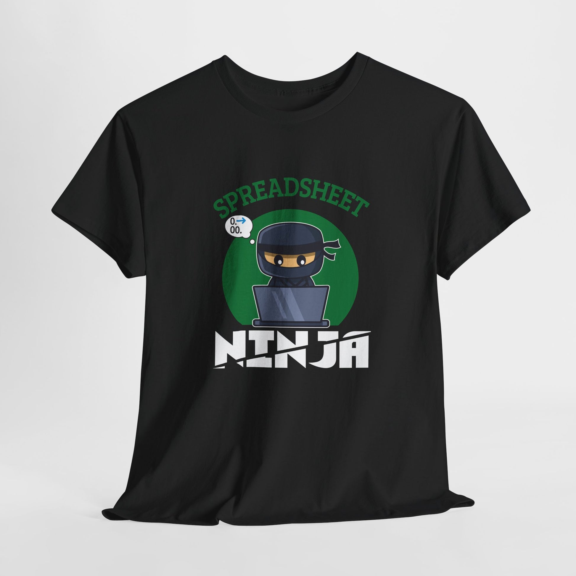 Hanging black T-shirt featuring a "Spreadsheet Ninja" design with a ninja character and spreadsheet icon. Part of the Vivid Divergence Sensory Friendly Unisex Tees Range.