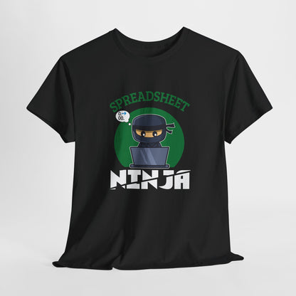 Hanging black T-shirt featuring a "Spreadsheet Ninja" design with a ninja character and spreadsheet icon. Part of the Vivid Divergence Sensory Friendly Unisex Tees Range.