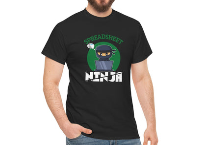 Model wearing a black T-shirt featuring a "Spreadsheet Ninja" design with a ninja character and spreadsheet icon. Part of the Vivid Divergence Sensory Friendly Unisex Tees Range.