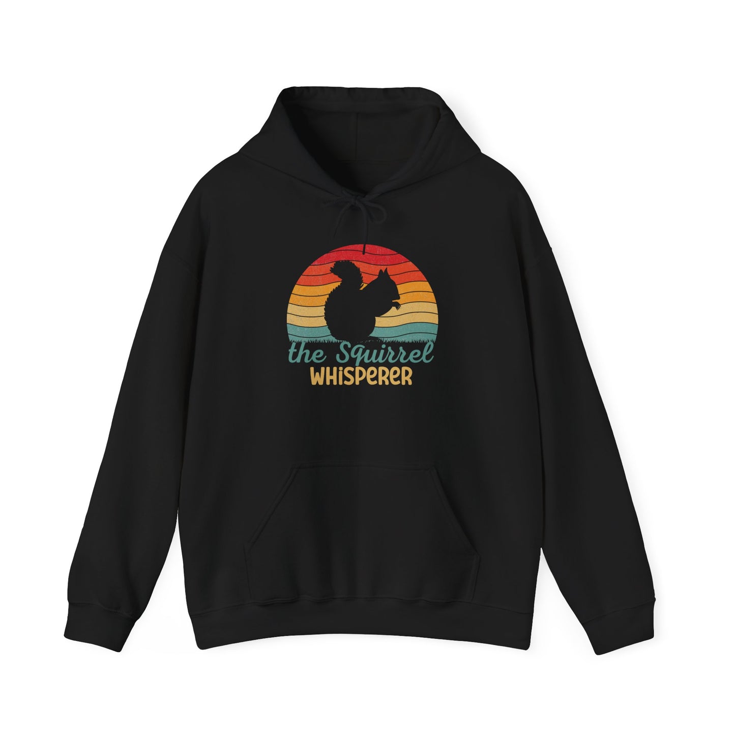 Front view of a black hoodie featuring the text "Squirrel Whisperer" with an ADHD mascot design of a squirrel and a retro sunset background. Part of the Vivid Divergence Sensory Friendly Unisex Hoodie Range.