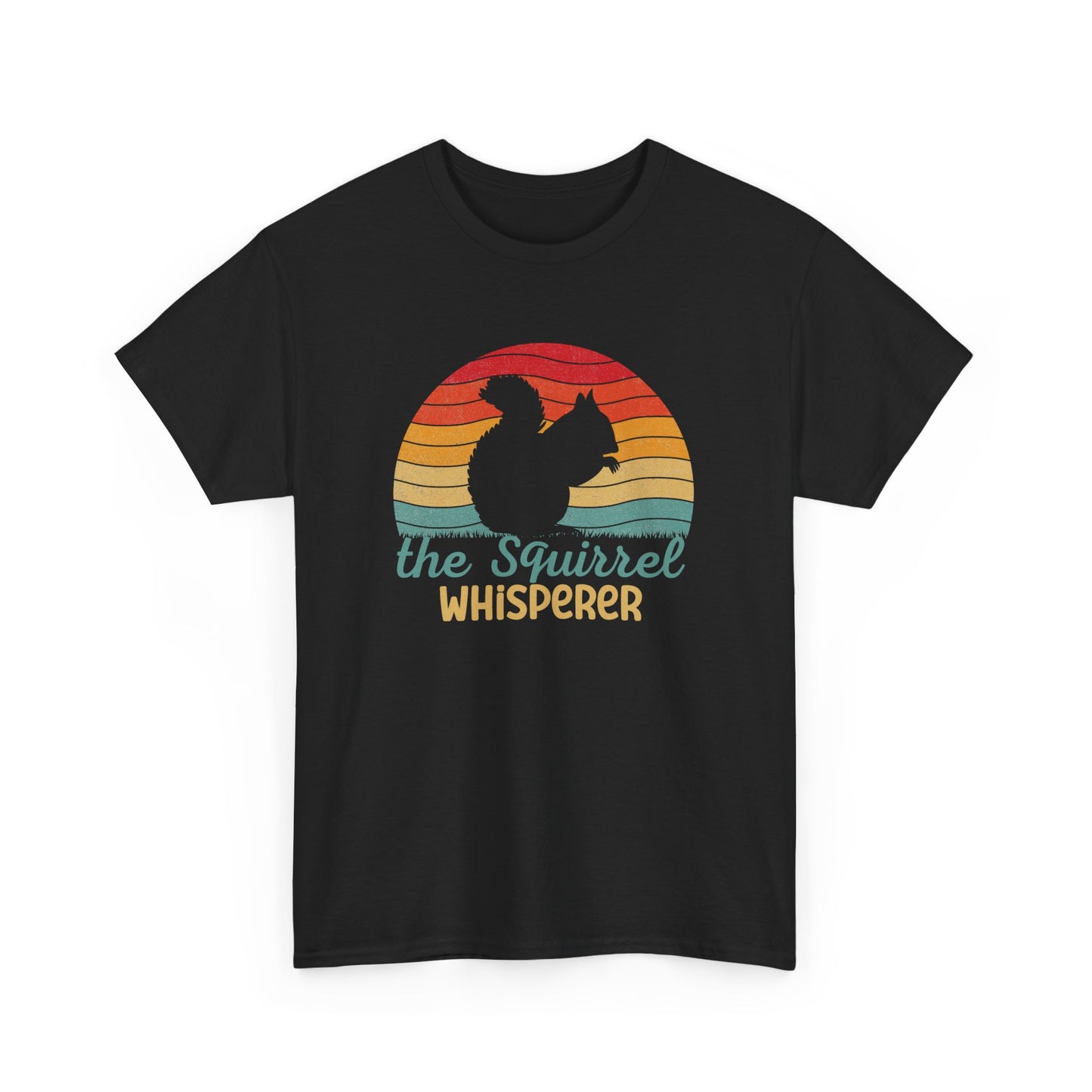 Front view of a black T-shirt with "The Squirrel Whisperer" and a silhouette of a squirrel against a retro sunset design. Part of the Vivid Divergence Sensory Friendly Unisex Tees Range.