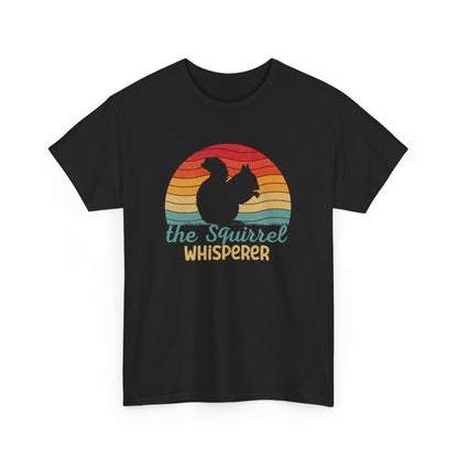 Front view of a black T-shirt with "The Squirrel Whisperer" and a silhouette of a squirrel against a retro sunset design. Part of the Vivid Divergence Sensory Friendly Unisex Tees Range.