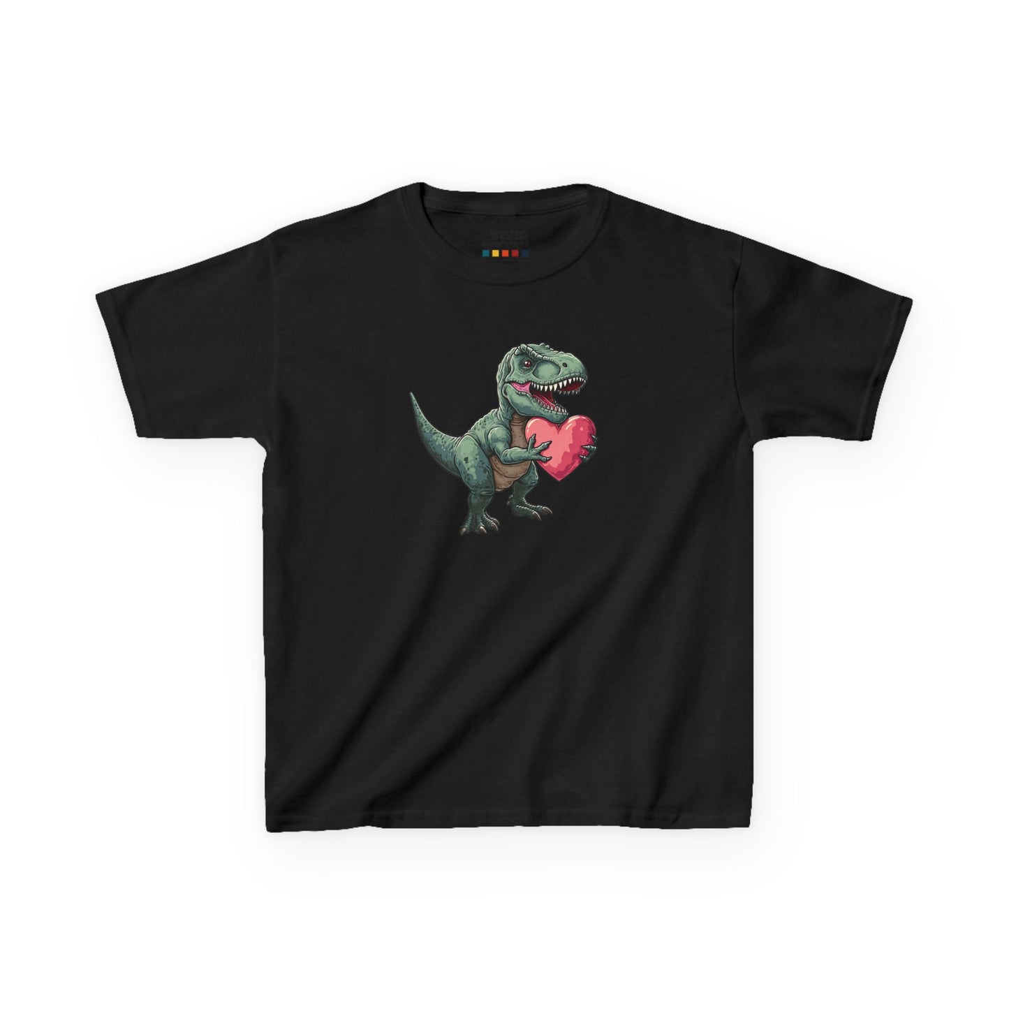Front view of a black T-Rex Love kids T-shirt with a cartoon dinosaur holding a heart. Part of the Vivid Divergence Sensory Friendly Kids Shirts Range. The perfect T-shirt for sensory-sensitive kids and comes with a Sensory Satisfaction Promise.