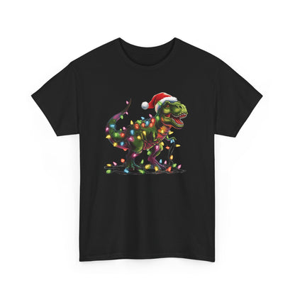 Black T-shirt with a festive T-Rex tangled in Christmas lights, wearing a Santa hat. Part of the Vivid Divergence Sensory Friendly Unisex Tees Range.
