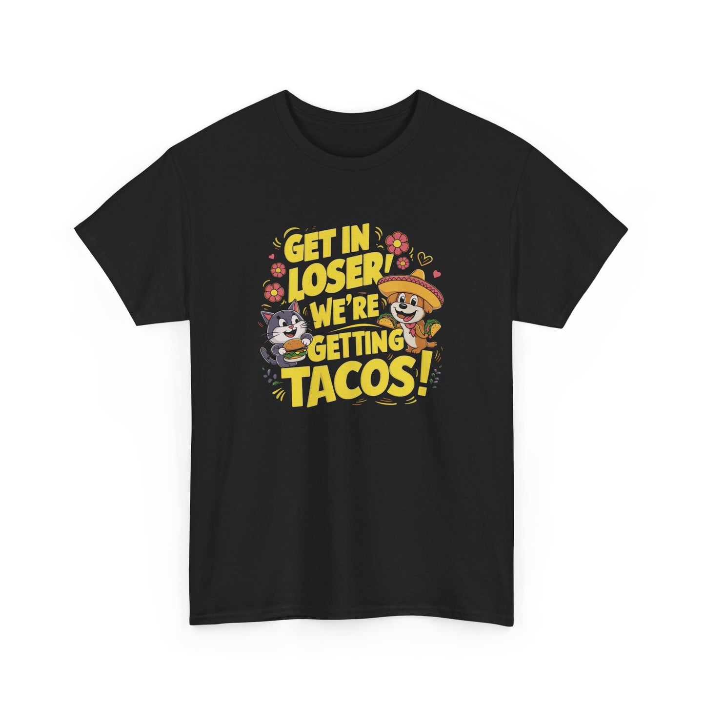 Front view of a black T-shirt with colorful text and illustrations of cute animals in a car that reads "Get In Loser, We're Getting Tacos!" Part of the Vivid Divergence Sensory Friendly Unisex Tees Range.
