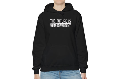 Model wearing a black hoodie featuring the text "The Future is Neurodivergent" in bold white lettering. Part of the Vivid Divergence Sensory Friendly Unisex Hoodie Range.