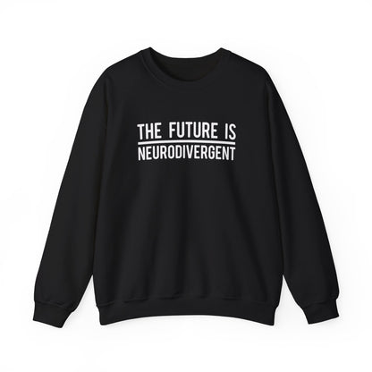 Front view of a black sweater jumper with the text "The Future is Neurodivergent" in bold white lettering. Part of the Vivid Divergence Sensory Friendly Unisex Sweater Jumper Range.