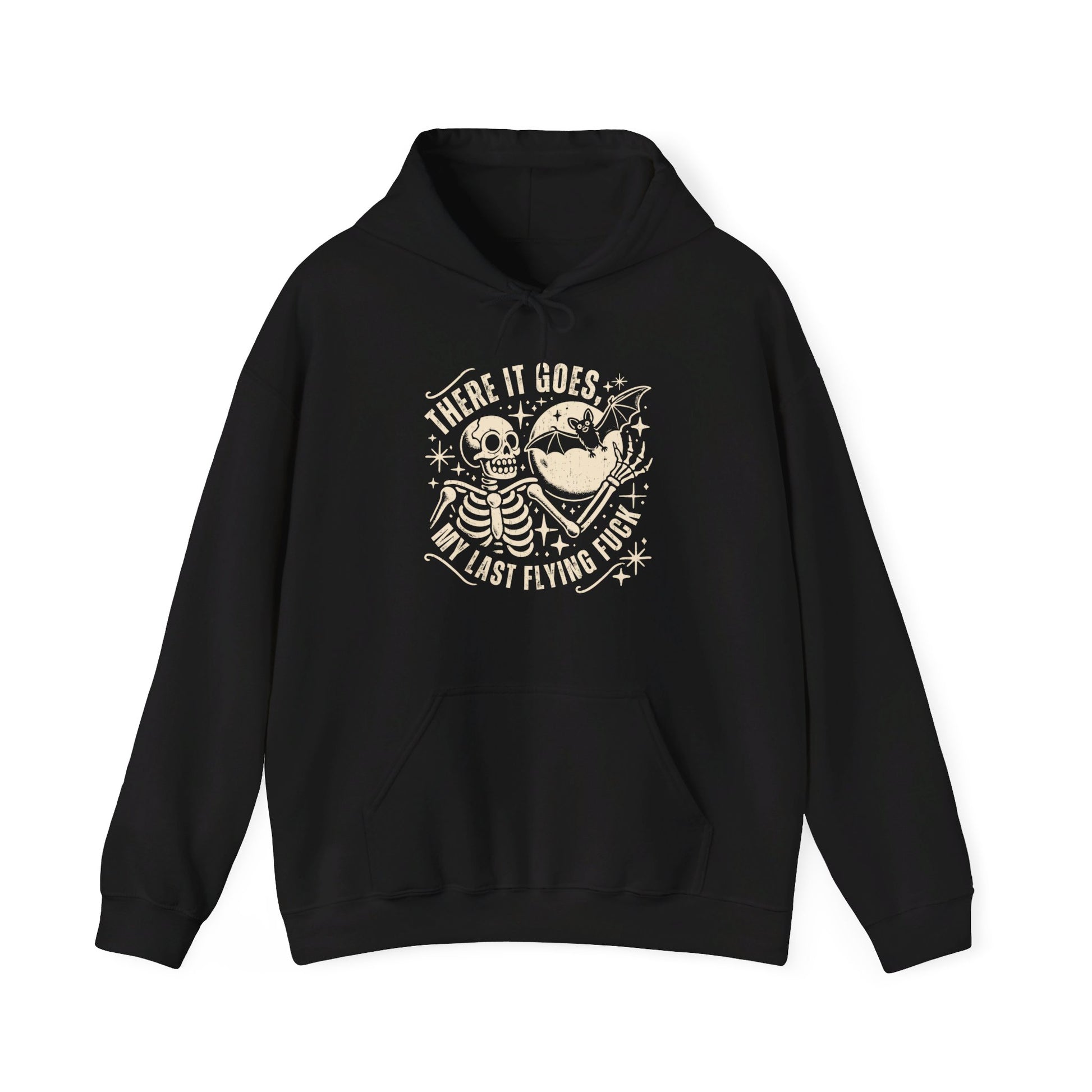 Front view of a black hoodie featuring the text "There It Goes, My Last Flying F*ck" with a cartoon illustration of a flying bird holding a banner. Part of the Vivid Divergence Sensory Friendly Unisex Hoodie Range.