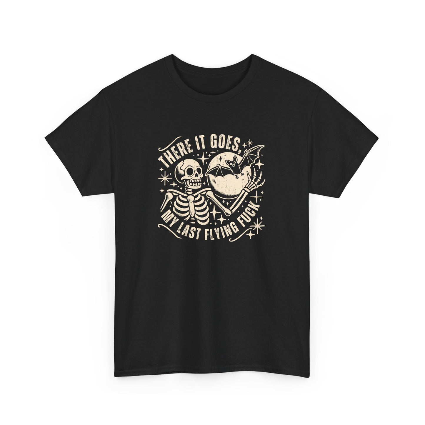 Front view of a black T-shirt with the text "There It Goes, My Last Flying F*ck" and a graphic of a flying bird carrying a banner. Part of the Vivid Divergence Sensory Friendly Unisex Tees Range.