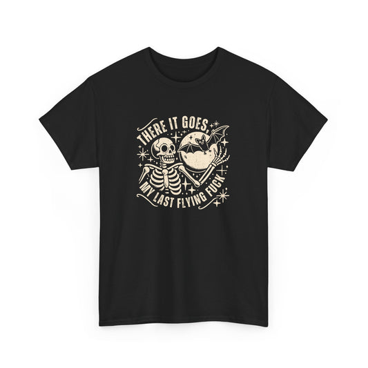 Front view of a black T-shirt with the text "There It Goes, My Last Flying F*ck" and a graphic of a flying bird carrying a banner. Part of the Vivid Divergence Sensory Friendly Unisex Tees Range.