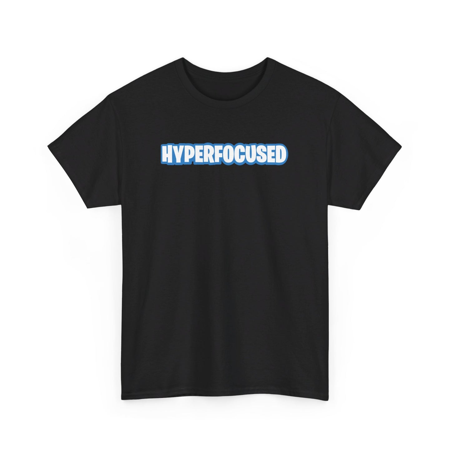 Front view of a black T-shirt with the text "Hyperfocused" in a Fortnite-style design. Part of the Vivid Divergence Sensory Friendly Unisex Tees Range.