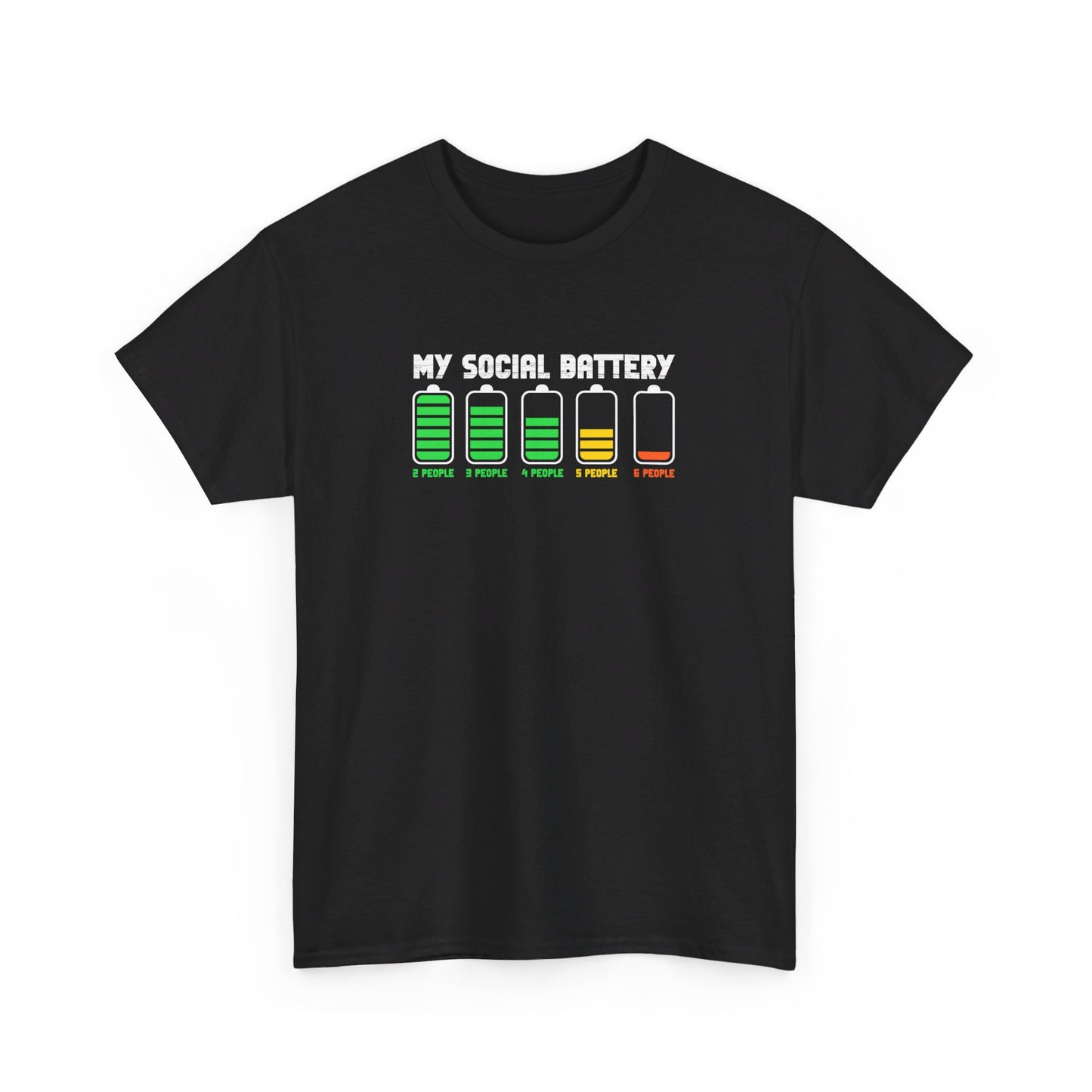 Front view of a black T-shirt featuring a battery icon graphic displaying varying levels with the text "My Social Battery." Part of the Vivid Divergence Sensory Friendly Unisex Tees Range.