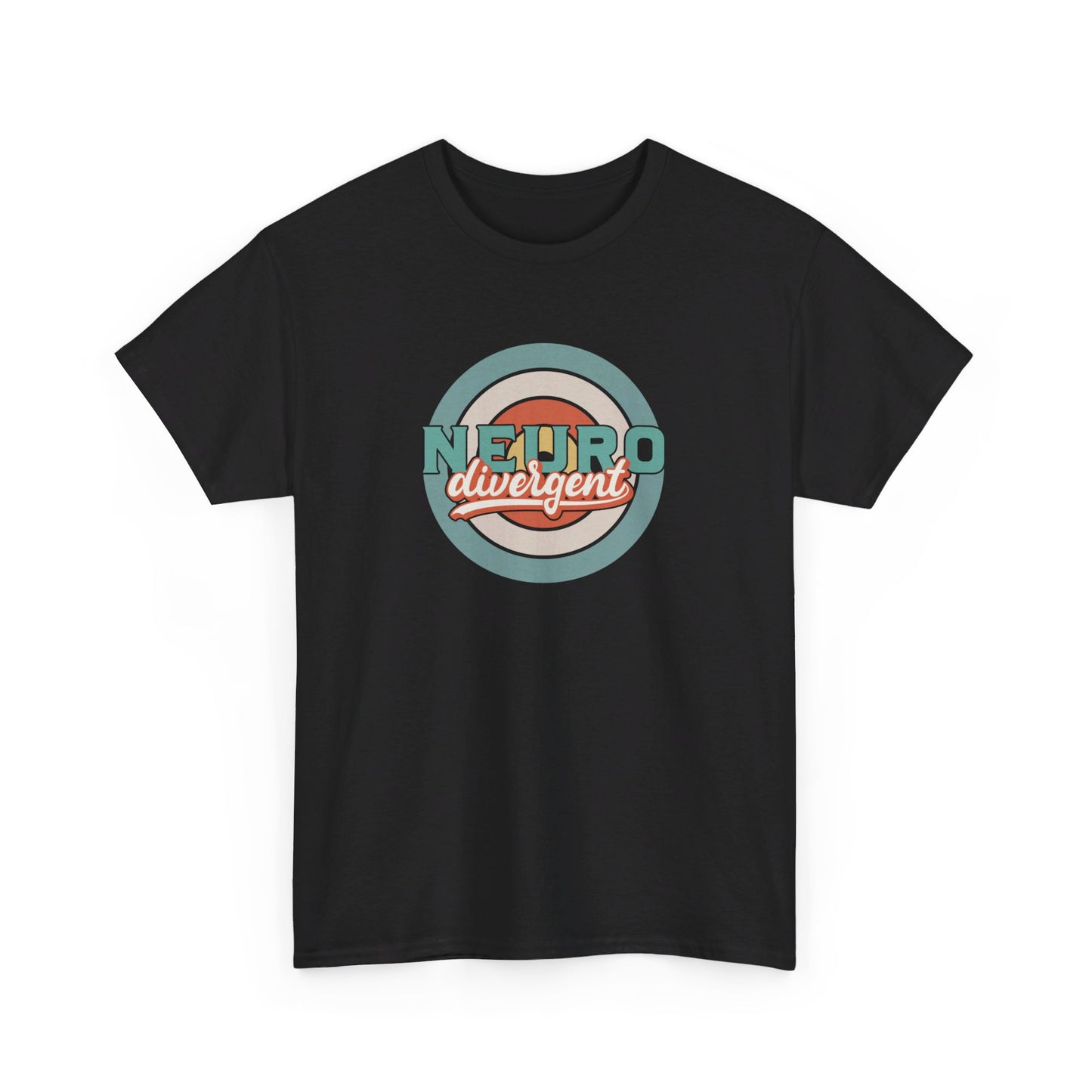 Front view of a black T-shirt featuring a retro-style target graphic with the text "Neurodivergent" in bold lettering. Part of the Vivid Divergence Sensory Friendly Unisex Tees Range.