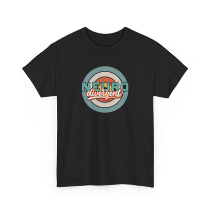 Front view of a black T-shirt featuring a retro-style target graphic with the text "Neurodivergent" in bold lettering. Part of the Vivid Divergence Sensory Friendly Unisex Tees Range.
