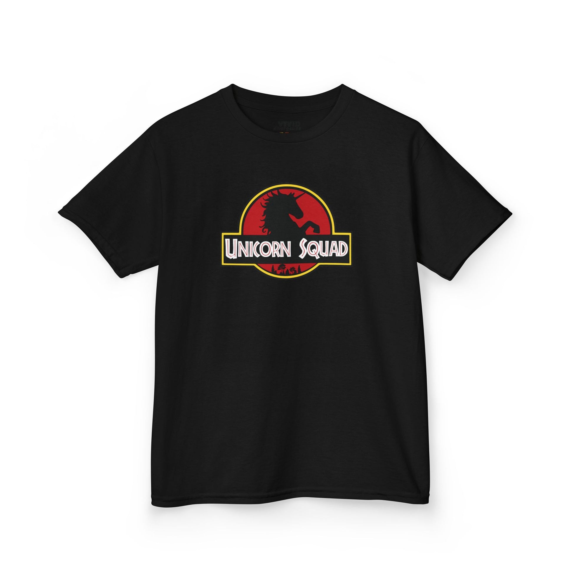 Back view of a black "Unicorn Squad" Jurassic Park parody kids T-shirt. Part of the Vivid Divergence Sensory Friendly Kids Shirts Range. The perfect T-shirt for sensory-sensitive kids and comes with a Sensory Satisfaction Promise.