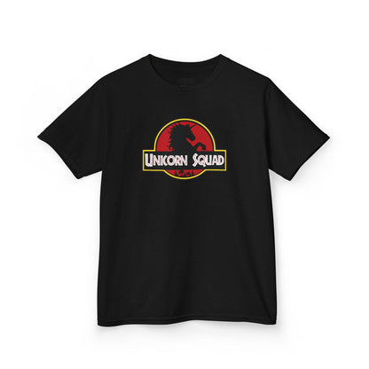 Back view of a black "Unicorn Squad" Jurassic Park parody kids T-shirt. Part of the Vivid Divergence Sensory Friendly Kids Shirts Range. The perfect T-shirt for sensory-sensitive kids and comes with a Sensory Satisfaction Promise.