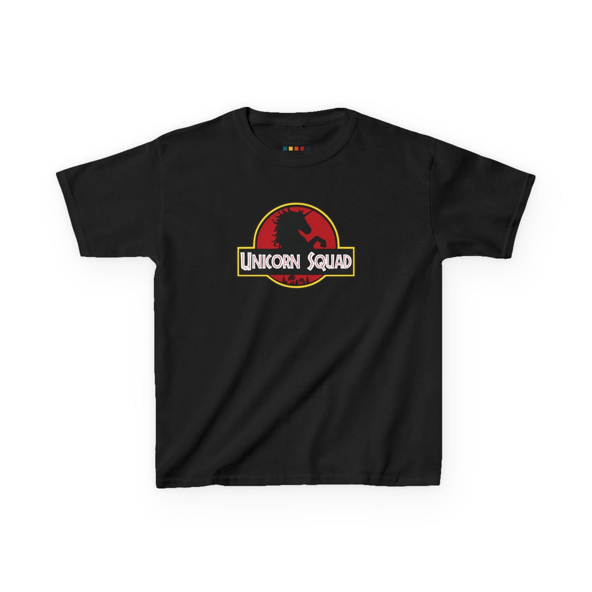 Front view of a black "Unicorn Squad" Jurassic Park parody kids T-shirt. Part of the Vivid Divergence Sensory Friendly Kids Shirts Range. The perfect T-shirt for sensory-sensitive kids and comes with a Sensory Satisfaction Promise.