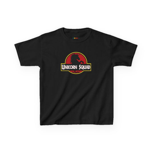Front view of a black "Unicorn Squad" Jurassic Park parody kids T-shirt. Part of the Vivid Divergence Sensory Friendly Kids Shirts Range. The perfect T-shirt for sensory-sensitive kids and comes with a Sensory Satisfaction Promise.