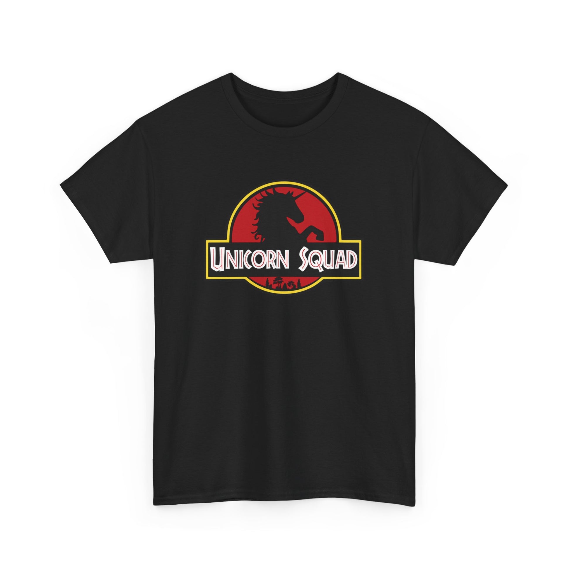 Front view of a black T-shirt with "Unicorn Squad" in bold white text inside a red and yellow Jurassic Park-style logo featuring a unicorn silhouette. Part of the Vivid Divergence Sensory Friendly Unisex Tees Range.