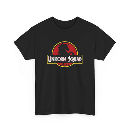 Front view of a black T-shirt with "Unicorn Squad" in bold white text inside a red and yellow Jurassic Park-style logo featuring a unicorn silhouette. Part of the Vivid Divergence Sensory Friendly Unisex Tees Range.