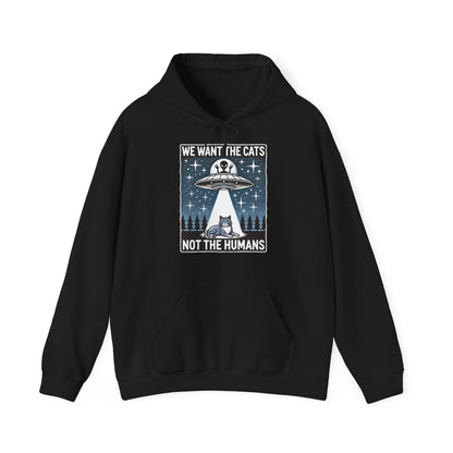 Front view of a black hoodie featuring the text "We Want the Cats, Not the Humans" with an illustration of a UFO beaming up cats. Part of the Vivid Divergence Sensory Friendly Unisex Hoodie Range.