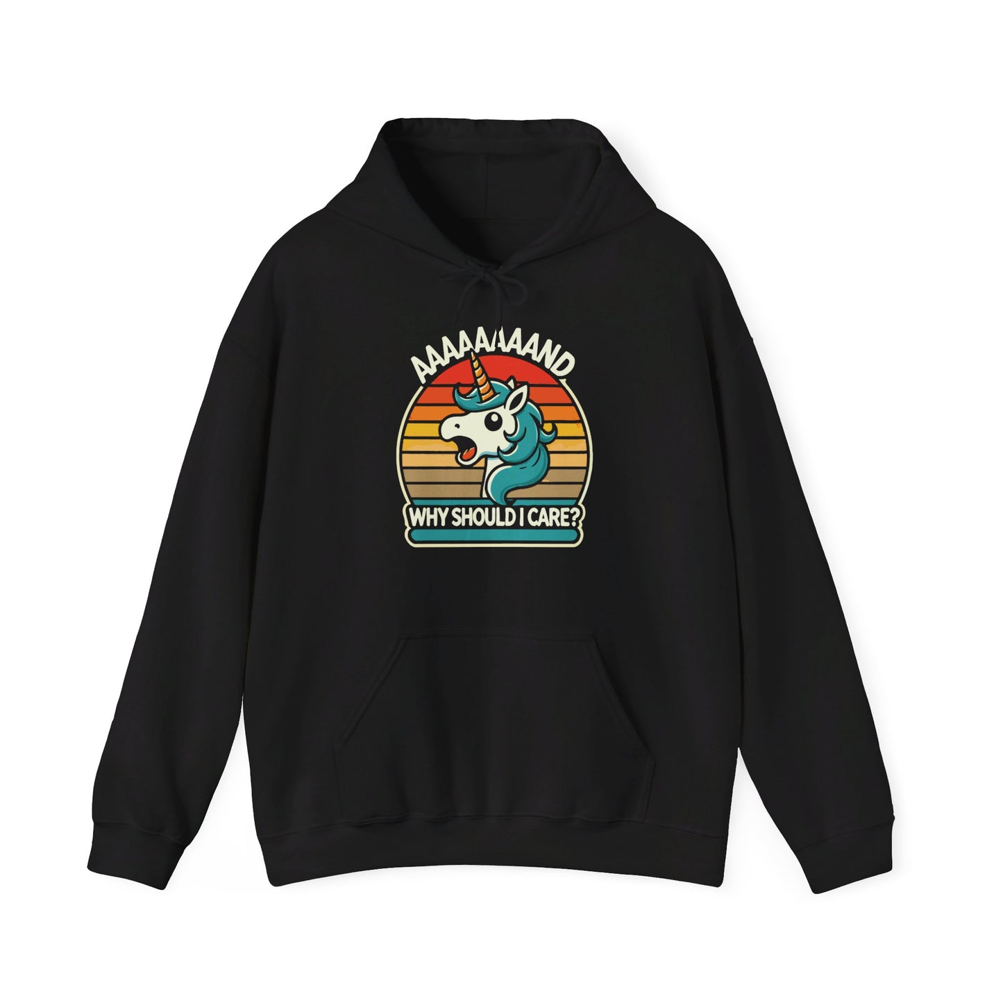 Front view of a black hoodie with a "Aaaaand Why Should I Care?" text and unicorn rainbow retro graphic. Part of the Vivid Divergence Sensory Friendly Unisex Hoodie Range.