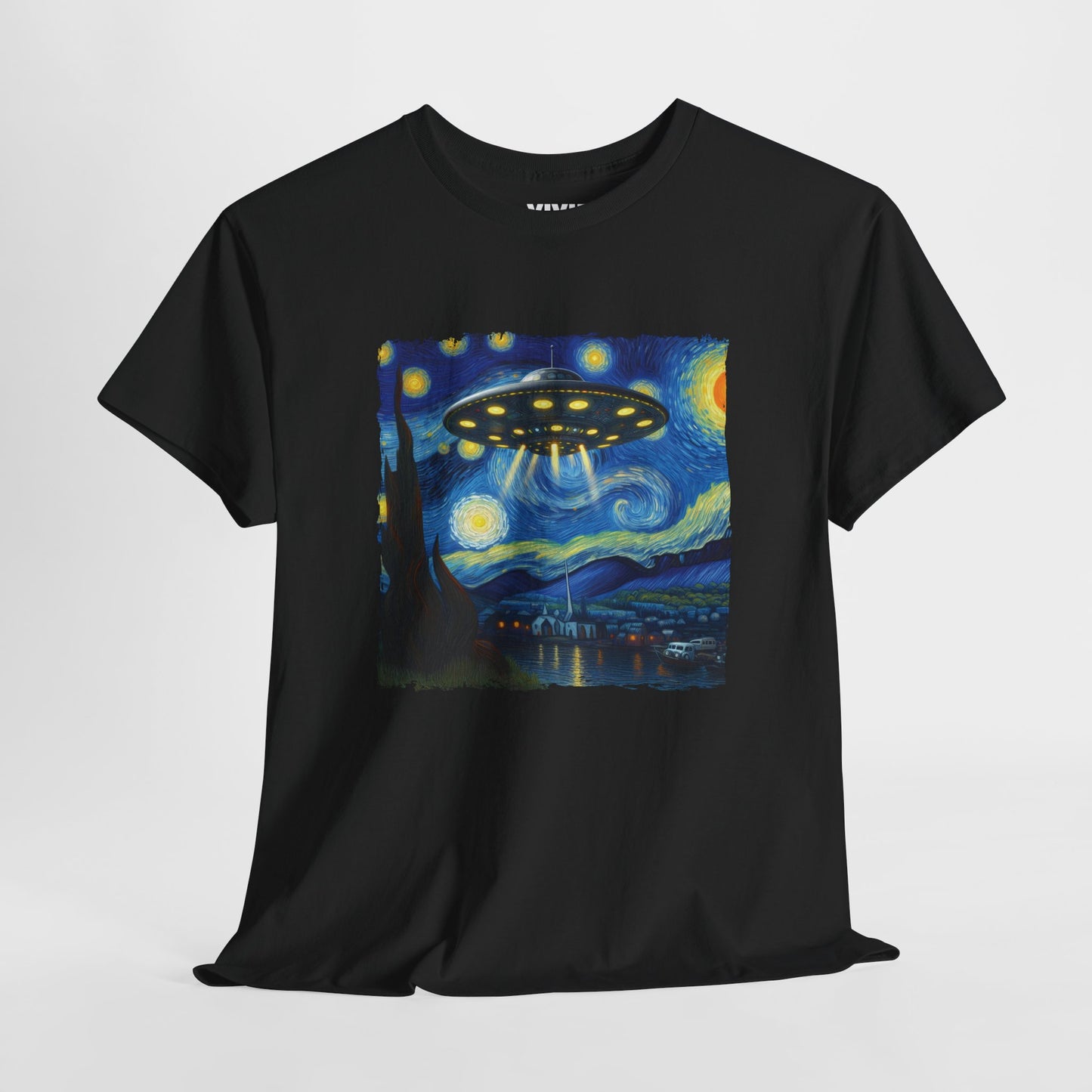 Black UFO Van Gogh parody T-shirt hanging on display, showing full design of starry sky with spaceship at the center. Iconic chaos, now wearable. Part of the Vivid Divergence Memewear Collection!
