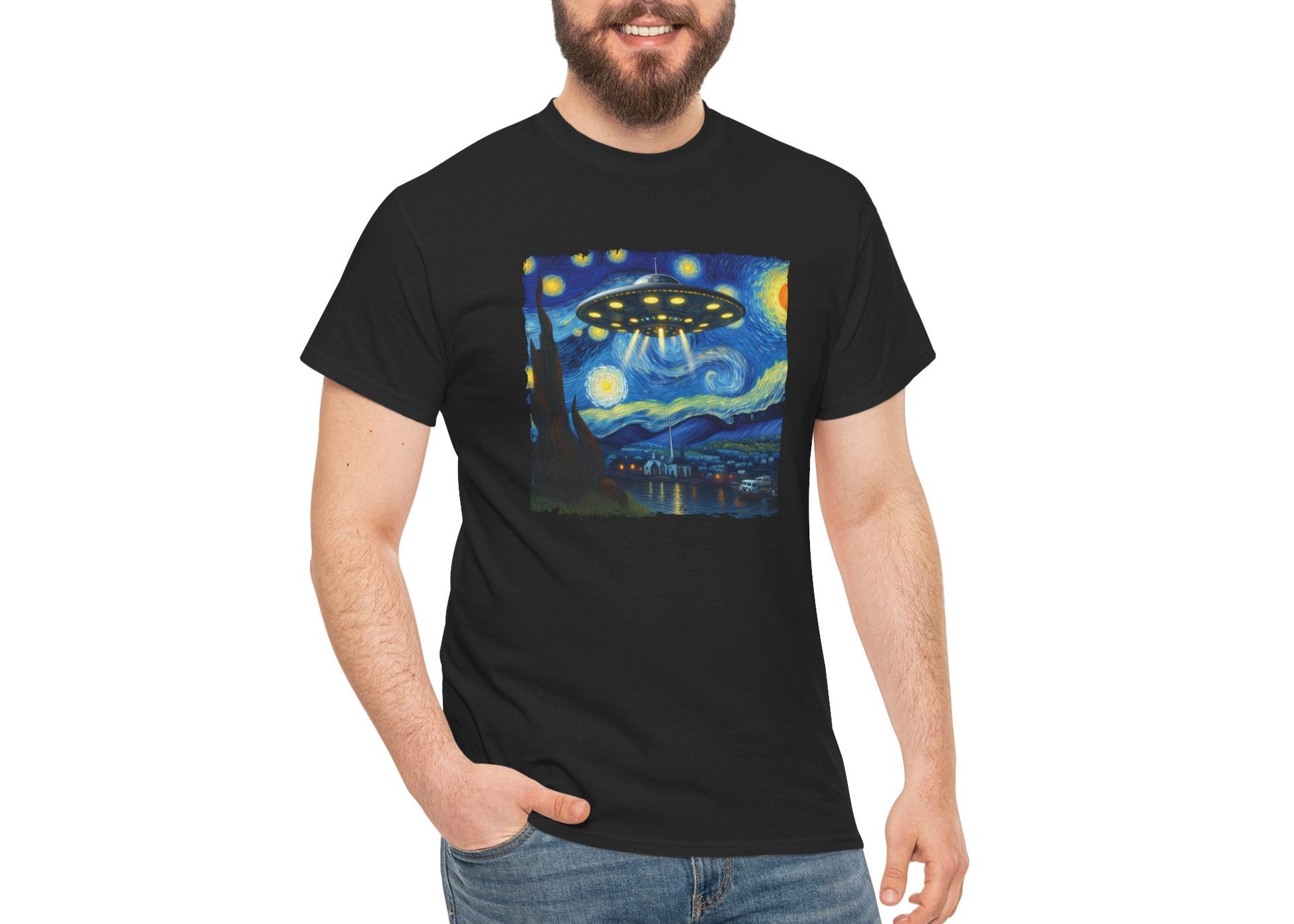 Man modeling the UFO Van Gogh parody shirt, smiling while wearing surreal art-meets-aliens graphic. She’s stylish and skeptical. Part of the Vivid Divergence Memewear Collection!
