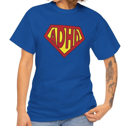 Side view of a blue T-shirt featuring a yellow and red ADHD logo styled in the Superman symbol. Part of the Vivid Divergence Sensory Friendly Unisex Tees Range.