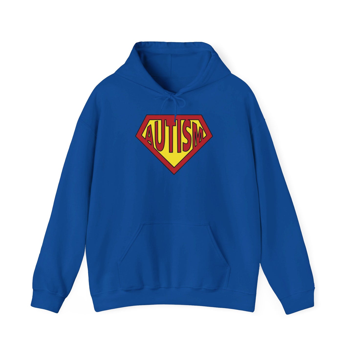 Front view of a blue hoodie featuring the text "Autism" inside a Superman-style red and yellow shield design. Part of the Vivid Divergence Sensory Friendly Unisex Hoodie Range.