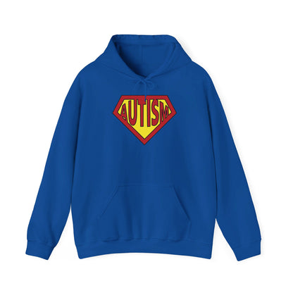 Front view of a blue hoodie featuring the text "Autism" inside a Superman-style red and yellow shield design. Part of the Vivid Divergence Sensory Friendly Unisex Hoodie Range.