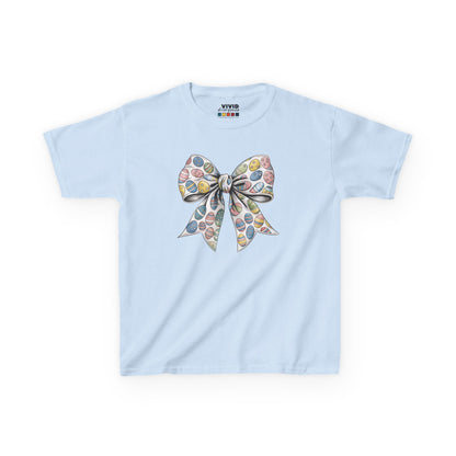 Light blue kids' T-shirt showcasing a vintage-inspired floral bow, embracing the coquette aesthetic for Easter. Hop into the season in style and shop Easter shirts online today!
