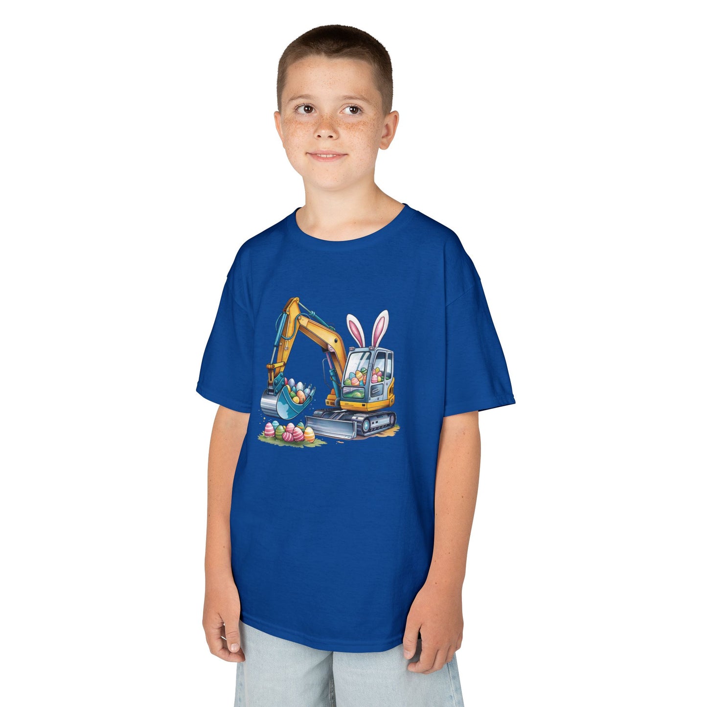 Child wearing a blue Easter T-shirt with an excavator digging up colorful eggs, a fun and festive choice for kids. Hop into the season in style and shop Easter shirts online today!