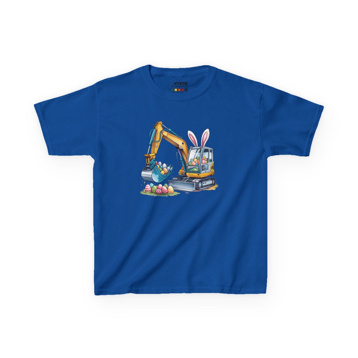 Blue kids' T-shirt with a playful design of an excavator lifting Easter eggs, a fun twist on construction themes. Hop into the season in style and shop Easter shirts online today!