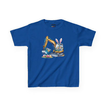 Blue kids' T-shirt with a playful design of an excavator lifting Easter eggs, a fun twist on construction themes. Hop into the season in style and shop Easter shirts online today!